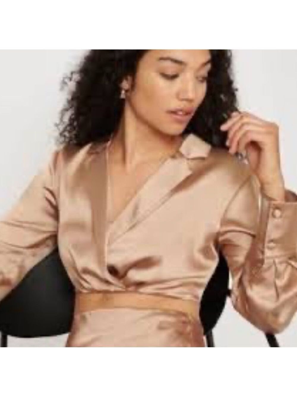Dynamite Champagne Satin Faux Wrap Blouse Large